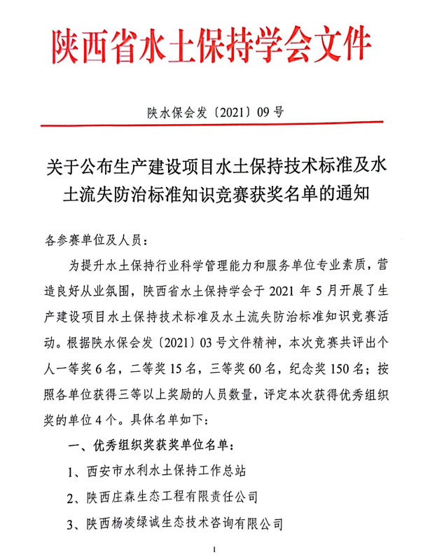 关于公布生产建设项目水土保持技术标准及水土流失防治标准知识竞赛获奖名单的通知