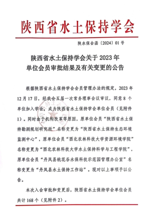 陕西省水土保持学会关于 2023 年单位会员审批结果及有关变更的公告